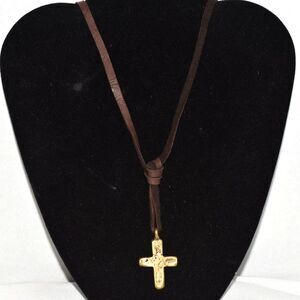 Unusual Up-cycled Bullet Casing 1.25" Cross Brown Suede Adj.32" Unisex Necklace